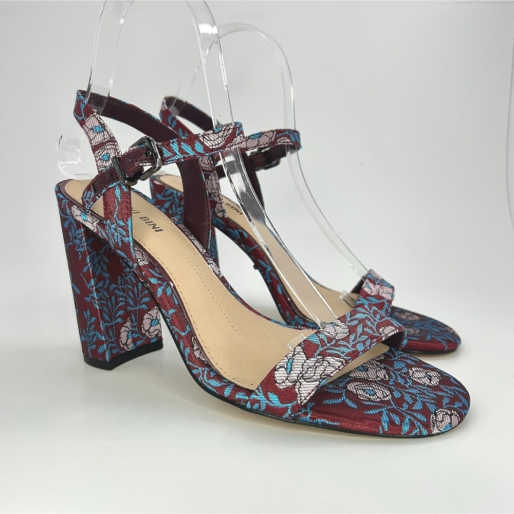 Gianni Bini Mckaria Jacquard Floral Block Heel Sandals Burgundy Blue 7.5 Wedding